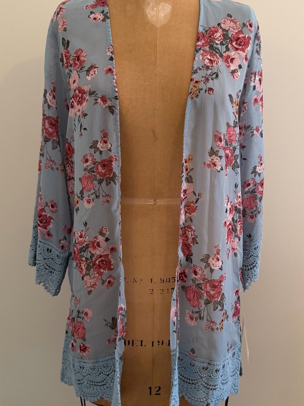 Rewind Dusty Blue Floral Lace-Trim Open Kimono Cardigan